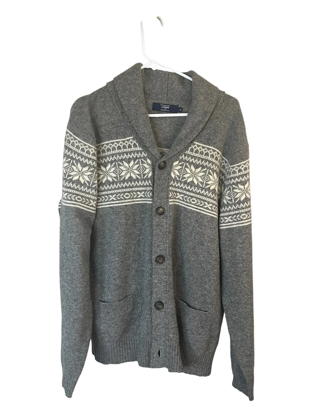 Vintage Men J. Crew Gray/ivory Lambswool Fair Isle Shawl Collar Cardigan